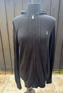 AllSaints Men's 100% Merino Wool Full-Zip Ramskull Hoodie, Black, Size Small